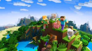 Minecraft玩家和動物在懸崖上俯瞰像素化景觀。