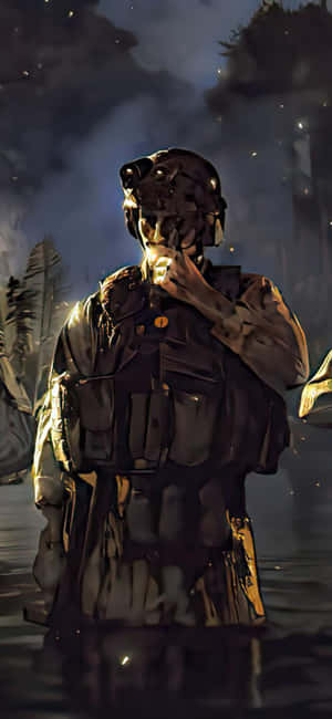 身穿戰鬥裝備的士兵在夜晚煙霧彌漫的戰場上手持發光物體。 — Pixel 10 Pro XL 壁紙