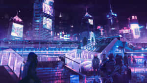未來城市夜景，閃爍的霓虹燈招牌和人們在雨中行走。 — 紫羅蘭永恆花園 壁紙