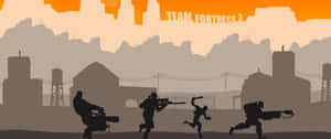 剪影風格的 Team Fortress 2 角色穿過塵土飛揚的工業小鎮。 — 2560x1080 壁紙