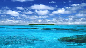 藍天白雲下，碧綠潟湖中的綠色島嶼。