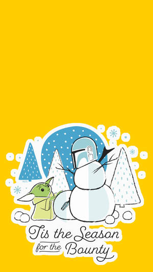 古古和一個形狀像曼達洛人的雪人在雪白冬日場景中。