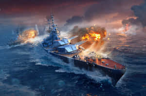 戰艦在暮色中的波濤洶湧的海洋上發射大炮。 — 魔獸世界 壁紙