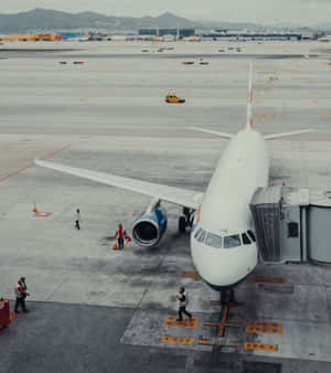 一架大型白色飛機停在機場閘口，地勤人員在附近走動。
