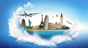 全球地標漂浮在海浪上，飛機在上空飛過。