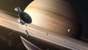 太空船飛近土星，其光環和衛星清晰可見。 — 太空 壁紙