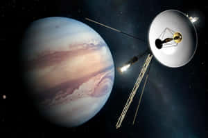 太空船飛近木星，背景有漩渦雲帶和星星 — 太空 壁紙