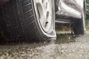 雨後濕滑泥濘路面上嘅扁車胎