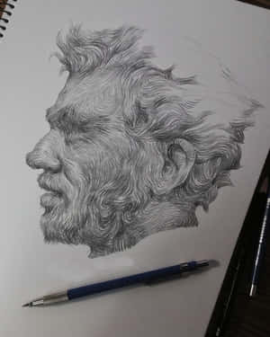 素描簿上一個男人臉部的鉛筆畫，頭髮和鬍鬚狂野。