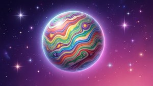 一顆色彩繽紛的漩渦行星漂浮在佈滿星星的紫色和粉紅色星系中。