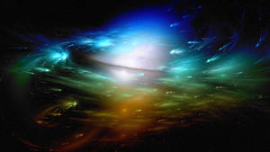 在深空中帶有旋轉的藍色、綠色和橙色雲朵的鮮豔宇宙星雲。 — 外太空 壁紙