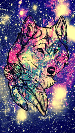 狼頭帶有捕夢網和羽毛，置於星光閃爍的宇宙背景前。