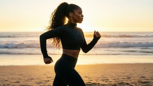 一名身穿黑色運動服的女士在日落時分在沙灘上跑步。