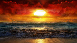 海洋上戲劇性的夕陽，海浪拍打沙灘。