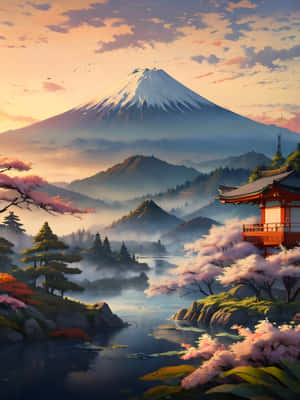 白雪覆蓋的富士山在日出時分從霧氣瀰漫的湖畔寺廟和櫻花後方升起