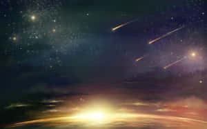 天界黎明，流星劃過發光行星地平線上的星空。