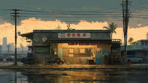 黃昏時分的一個小食攤，濕漉漉的路面倒映著天空和遠處的城市。 — 日本 壁紙