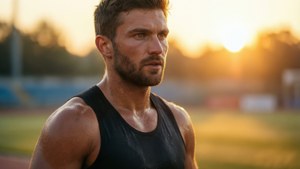 運動型男子在日落時分的跑道上流汗