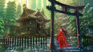 動漫女孩穿著紅色和服站在森林神社門口。 — 動畫 壁紙