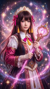 年輕的奇幻女神穿著粉紅色金色連衣裙，在星空宇宙背景下手持發光杖