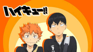 來自Haikyuu!!的兩個動漫角色穿著黑色外套，背景為橙色。