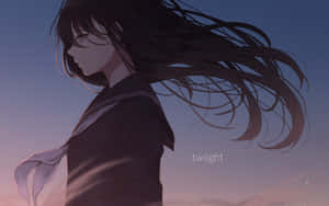 動漫女孩穿著校服，在暮色中站著，頭髮飄逸。 — 動漫女孩 壁紙