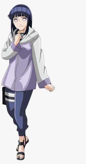 穿著紫色外套和黑色涼鞋的動漫女孩站立