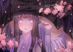 動漫情侶在傘下雨中櫻花發光的眼睛