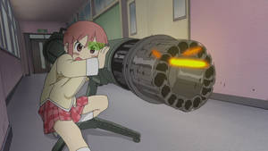 動漫女孩在學校走廊發射大型大砲