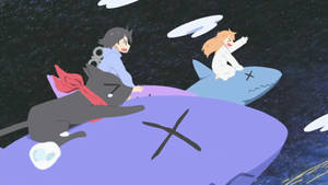 兩個動漫小孩騎著破爛的飛鯊穿過星空夜空。