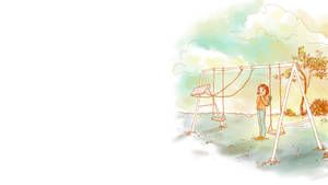 一個女孩在秋日公園的鞦韆附近，天空柔和粉彩。