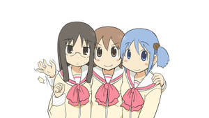 三個穿著水手服的動畫女學生愉快地揮手。 — 動漫女孩 壁紙