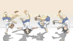 四個動漫女學生做倒立，表情各異。