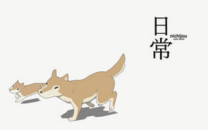 兩隻柴犬並排奔跑，右側有日文字。