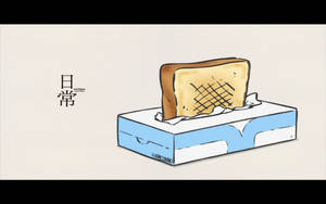 一塊窩夫曲奇從藍色紙巾盒中冒出，附近有日文字元。