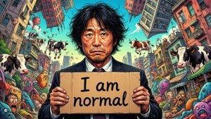 穿西裝男子舉著「我很正常」標語，牛和怪物淹沒傾斜城市。