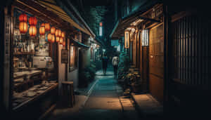 兩個人在夜晚穿過燈籠照亮的日本小巷。 — 唐人街 GIF 壁紙