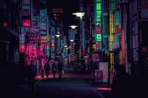 夜晚霓虹燈照亮東京小巷，有行人和發光招牌。
