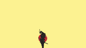 武士剪影襯托紅色太陽在黃色背景上