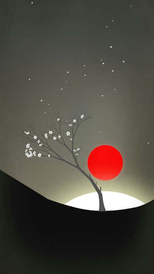 一棵孤獨開花的樹，在紅日和星空夜空下形成剪影。 — 藝術 壁紙