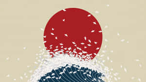 紅日和藍色波浪，白色紙鶴在米色背景上向上飛翔。 — 藝術 壁紙