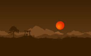夕陽下，鳥居和樹木在山脈前的剪影。