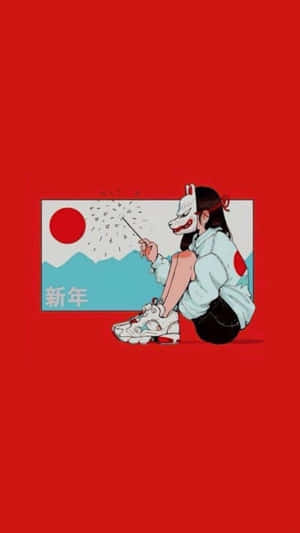 戴著狐狸面具的女孩在靠近新年圖形處拿著煙花棒。