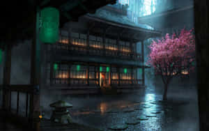 夜晚的傳統日本房屋，有發光的燈籠和雨中的粉紅櫻花樹。 — 靚靚動畫 壁紙