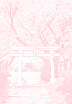 粉紅色鳥居插圖，位於櫻花下，通往神社。 — 粉紅動漫美學 壁紙