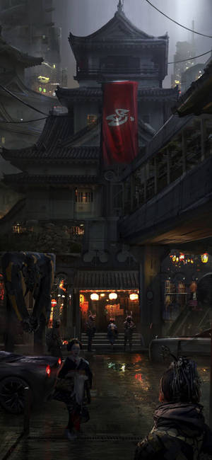 雨中的 cyberpunk 小巷，有發光的燈籠和傳統日本建築。 — 日本 壁紙