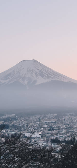 白雪覆蓋的富士山在黎明時分，以柔和的粉紅色和灰色調，聳立在霧氣瀰漫的小鎮之上。 — 日本 壁紙