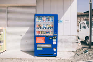 城市環境中的藍色自動售賣機，附近有白色建築物和客貨車。