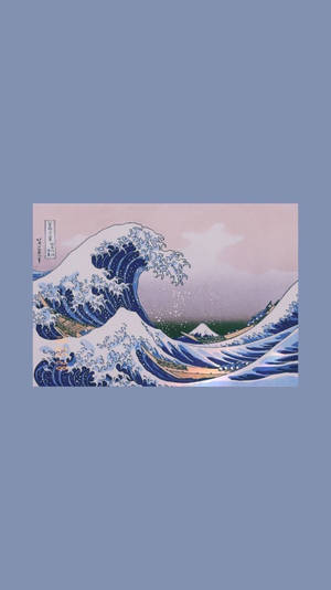 一道巨大的藍色巨浪在船隻附近衝擊，背景是富士山。 — 藝術 壁紙