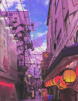夜晚狹窄的日本街道，紫色天空下發光的燈籠和霓虹燈招牌。 — 燈籠 壁紙